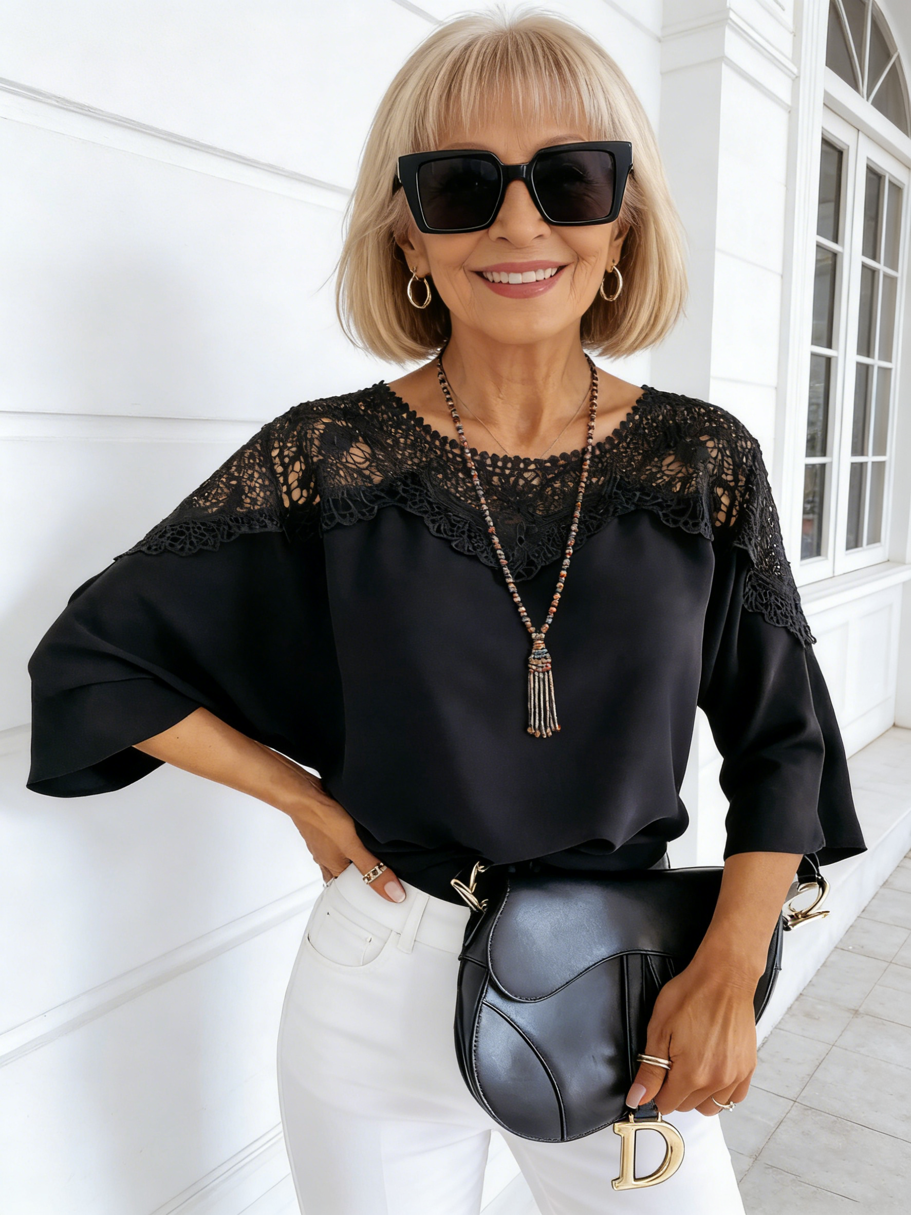 Long Sleeve Lace Shirt Solid Color Commuter Top