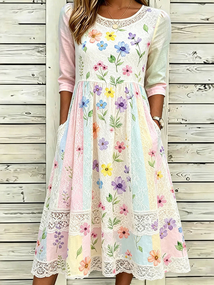 Women's Floral Lace Patchwork Art Color-blocked Casual Cotton Linen Long Dress
