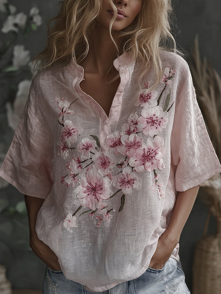 Vintage Sakura Flower Embroidered Short Sleeve Stand Collar Linen Shirt