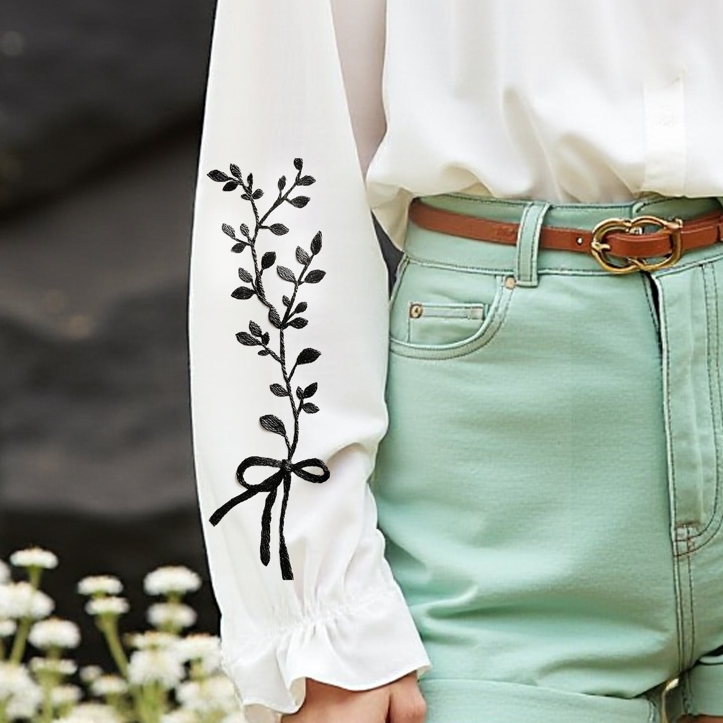 Woman's Casual Lace Trim Embroidered Long-sleeved Shirt