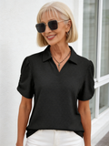 Textured Fabric V-Neck T-Shirt Bubble Sleeve Loose POLO Shirt Top