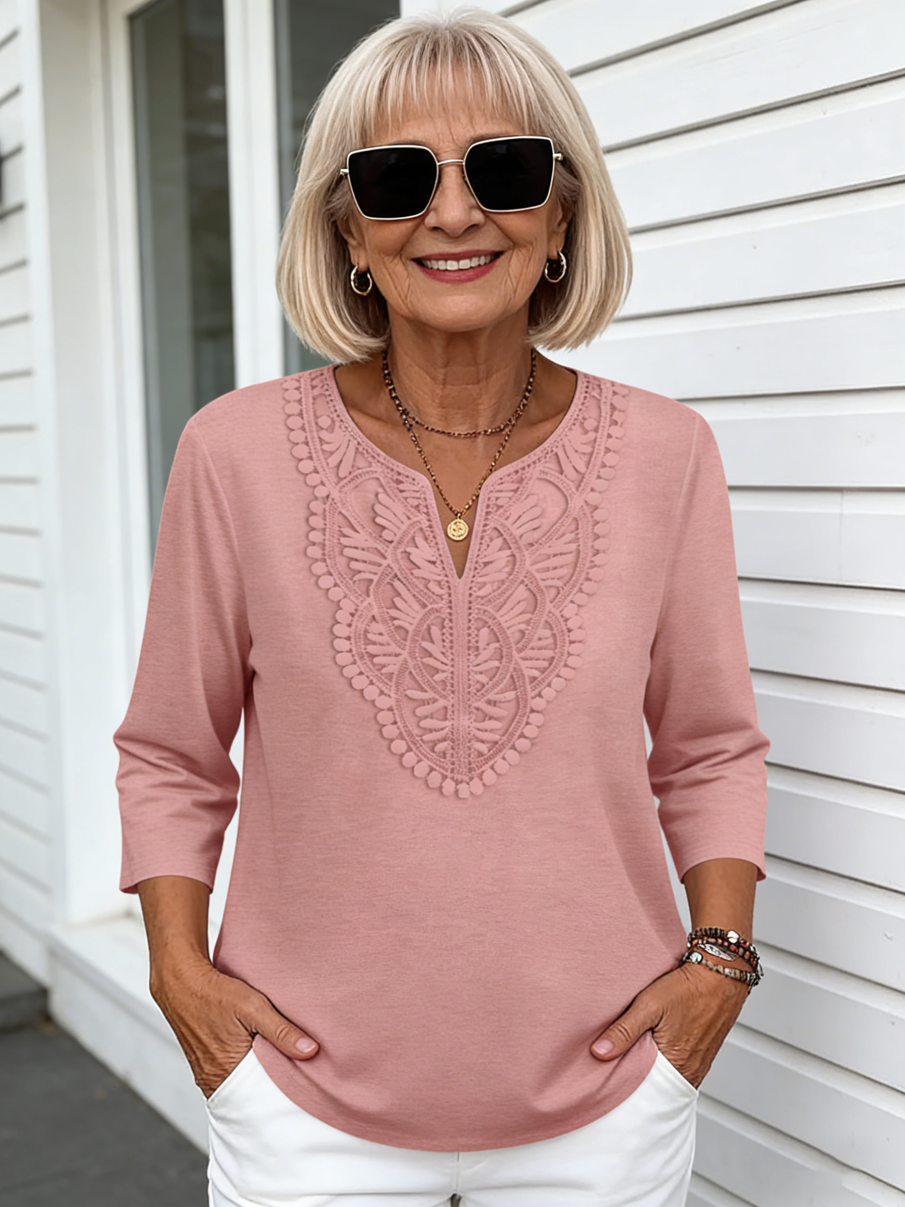 V-neck Lace Splicing Loose Women's Solid Color Seven-quarter Sleeve T-shirt Top Solid Color