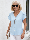 Solid Color V-neck Short-sleeved Loose Chiffon Shirt Pearl Top