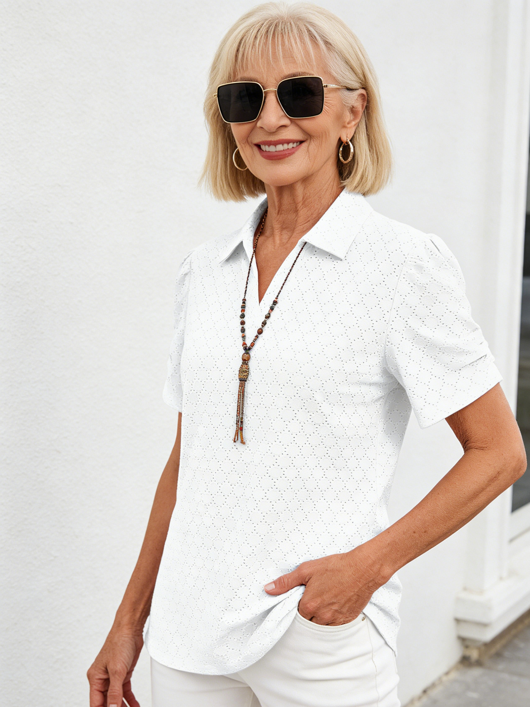Textured Fabric V-Neck T-Shirt Bubble Sleeve Loose POLO Shirt Top