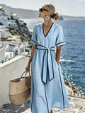 Women's Casual V-neck Color Block Loose Dress