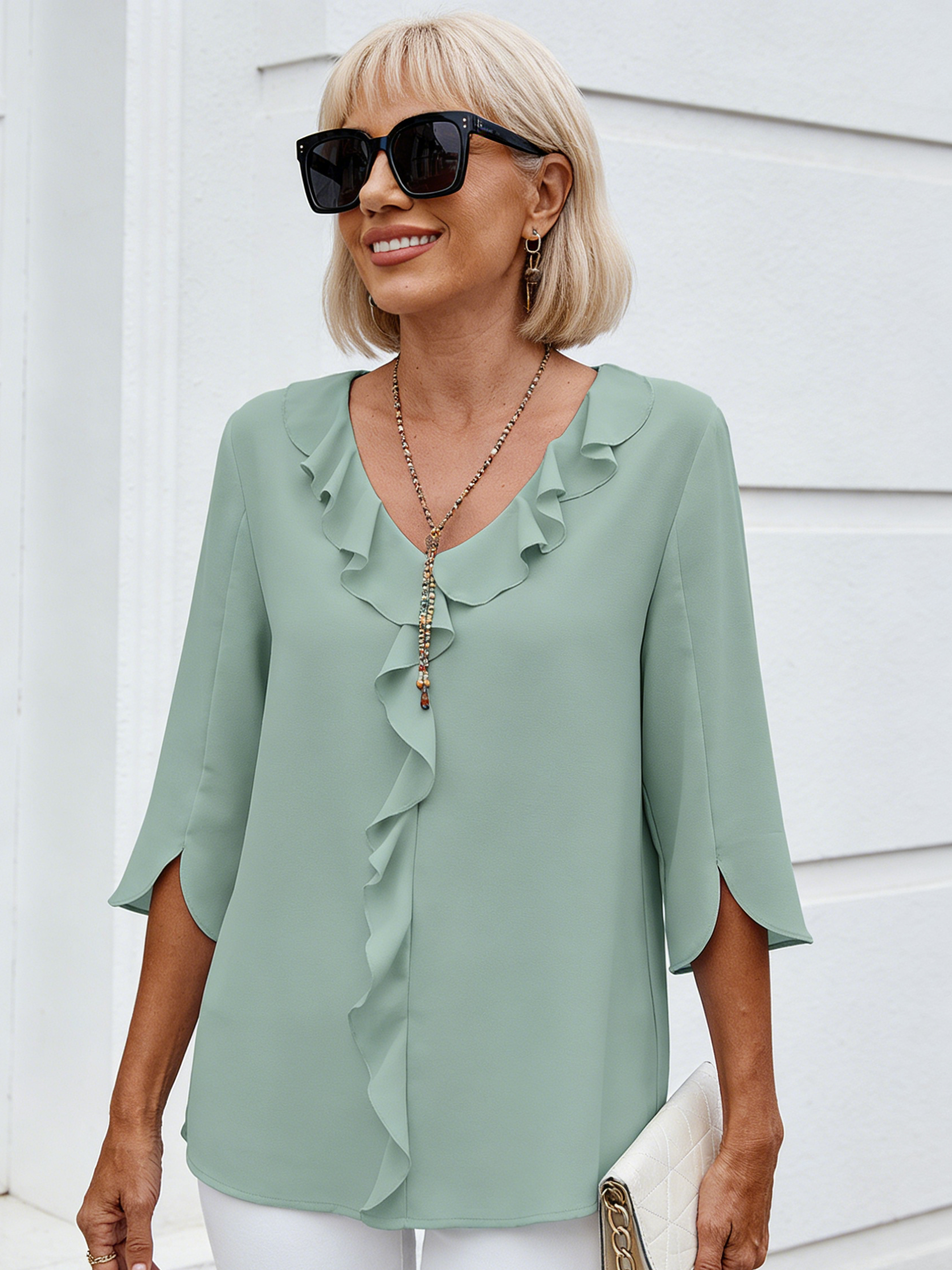 Chiffon Shirt Medium Sleeve V-neck Pleated Ruffle Edge Loose Women's Top