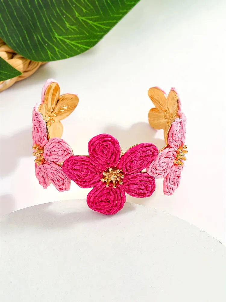Bohemian Pink Floral Adjustable Open Bracelet