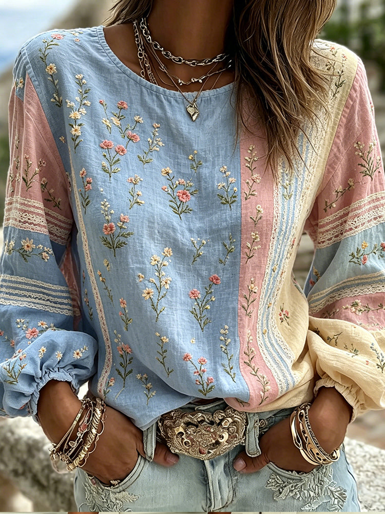 Retro Floral And Lace Art Embroidery Spliced Comfortable Cotton Linen Crew Neck Long Sleeve Top
