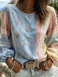 Retro Floral And Lace Art Embroidery Spliced Comfortable Cotton Linen Crew Neck Long Sleeve Top