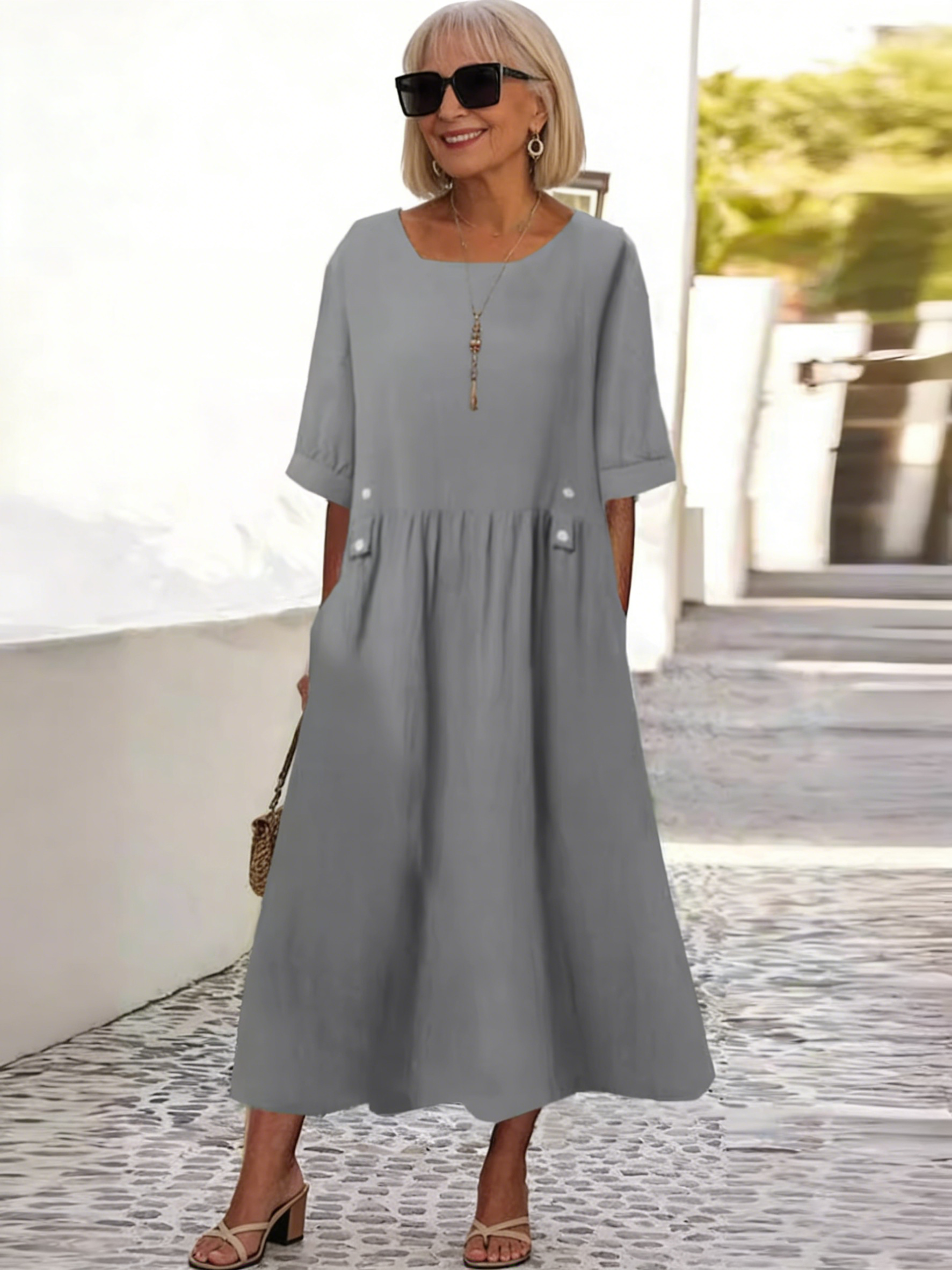 Summer Short-sleeved Cotton and Linen Dress Hot-selling Round Neck Loose Medium and Long Large Size Skirt