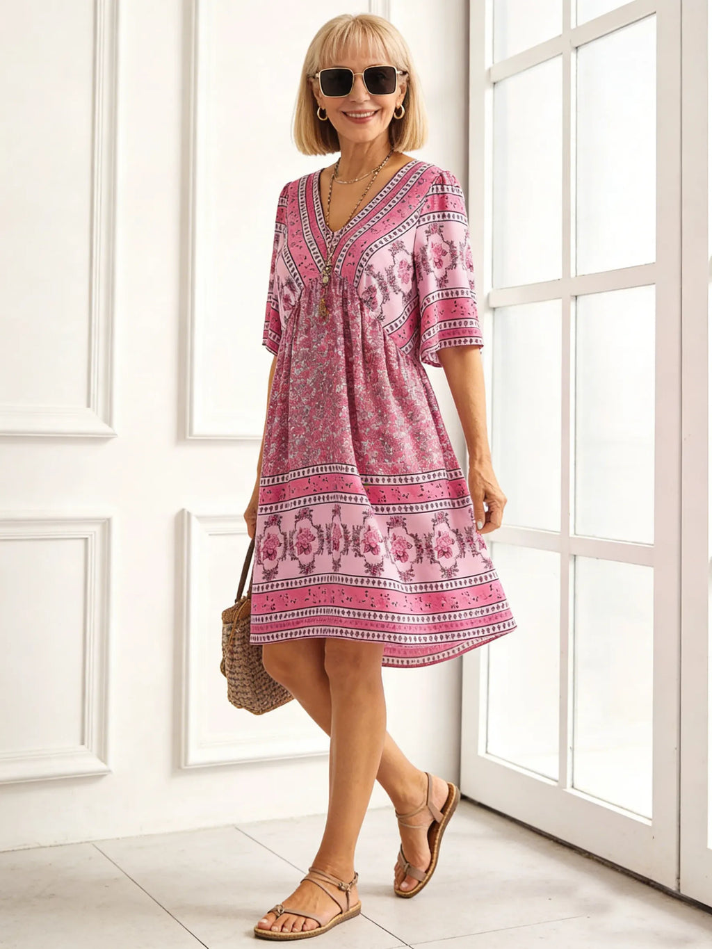 Vacation Deep V Print Casual Ethnic Style Dress