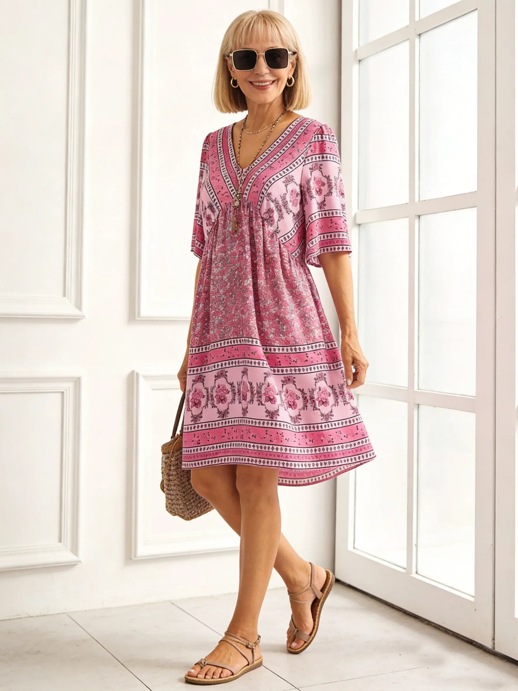 Vacation Deep V Print Casual Ethnic Style Dress