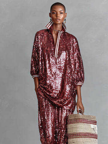 Women's Burgundy Sequin Polo Shirt With Contrast Striped Trim & Oversized Fit, Timeless Party-Glam Style Top MDZ1663D8LYL