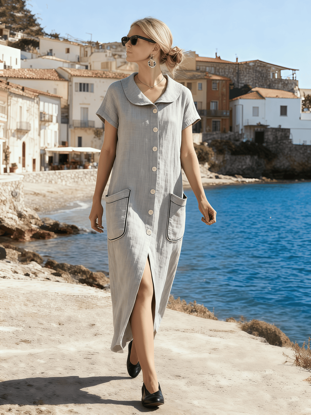 Women's Short-Sleeved Collared Casual Dress