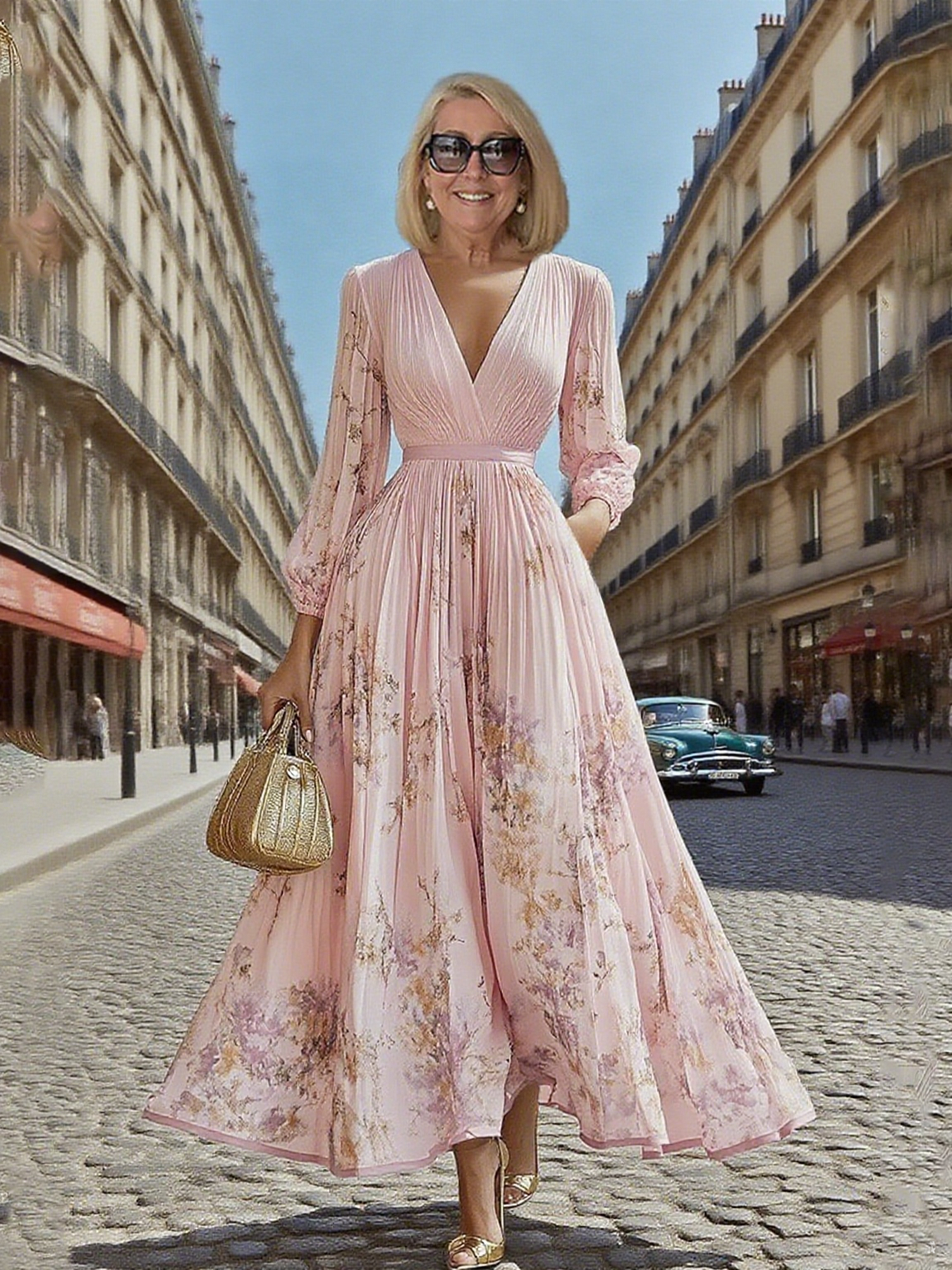 Gala Dress Digital Print V-neck Long Sleeves Pleats, Dress Long Dress