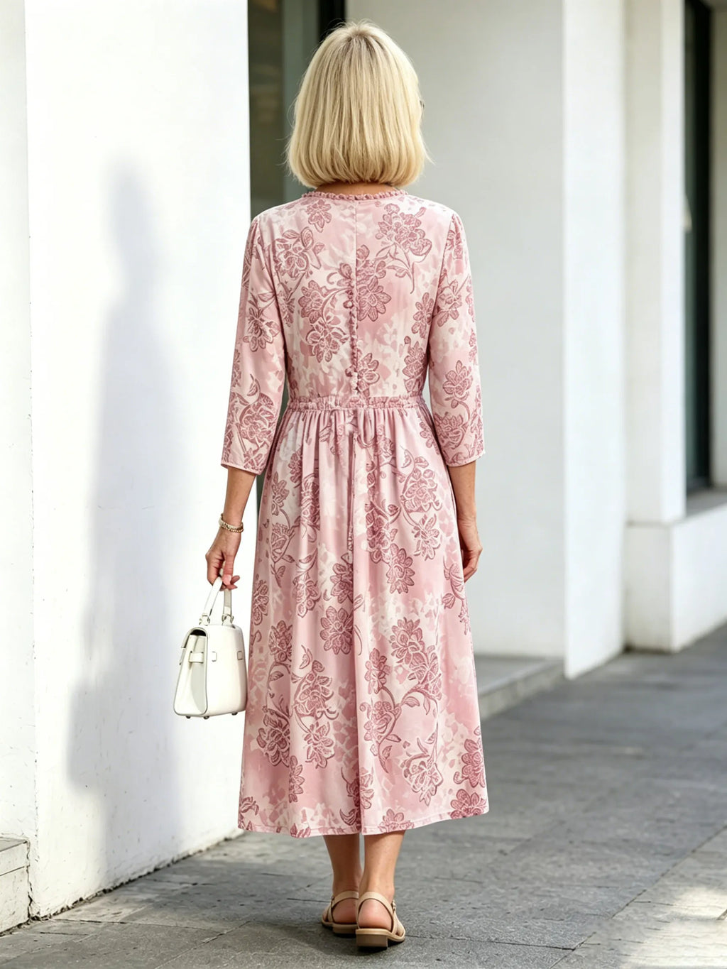 Navy Vintage Floral Maxi Dress, Ruffle Neck 3/4 Sleeve Elastic Waist Slimming Dress for Mature Women