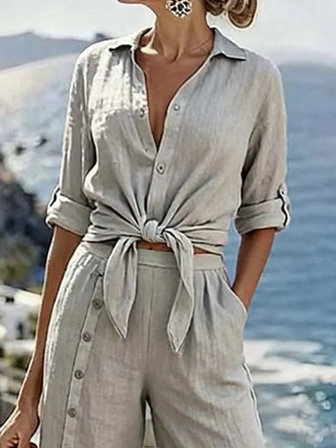 Women'S Casual Solid-Color Shirt And Button-Up Pants Set