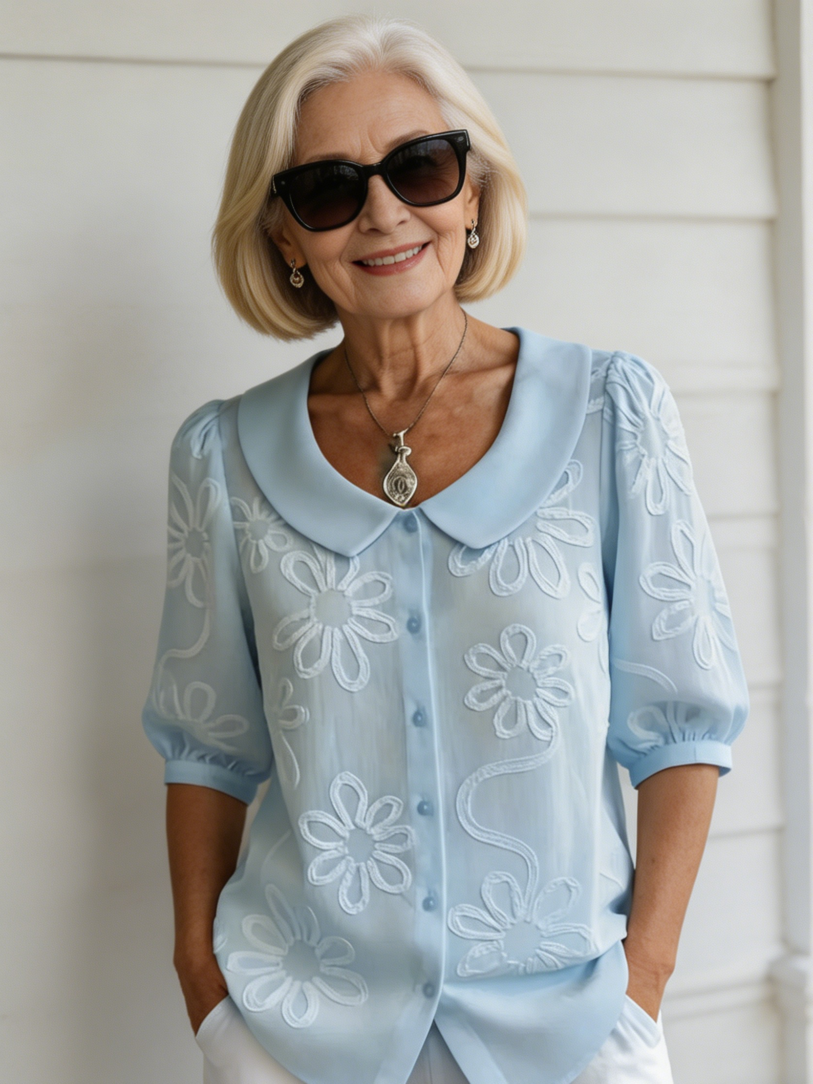 Loose Casual Vintage Button Embroidered Floral Medium Sleeve Shirt