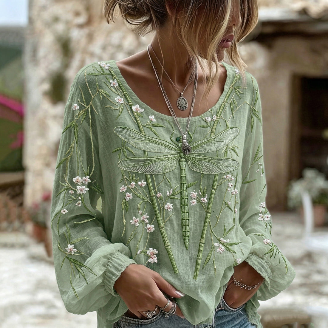 Women's Dragonfly Flower Art Crew Neck Long Sleeve Linen Blend T-shirt