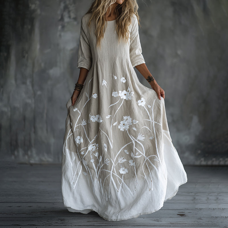 Women's Retro Floral Art Linen Blend Long-sleeved Dress