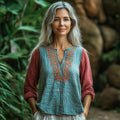 Women's Linen Contrast Color Panel Bohemian Casual Shirt