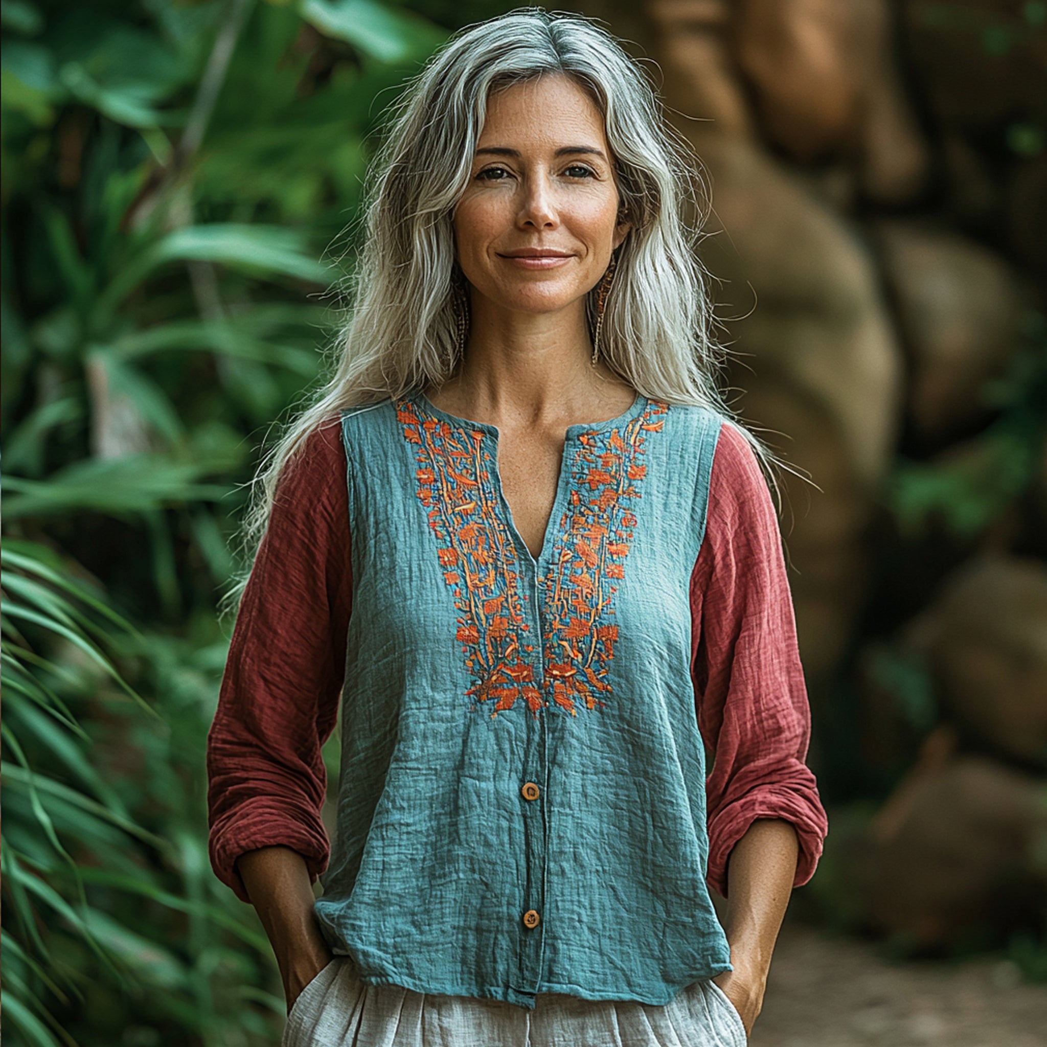 Women's Linen Contrast Color Panel Bohemian Casual Shirt