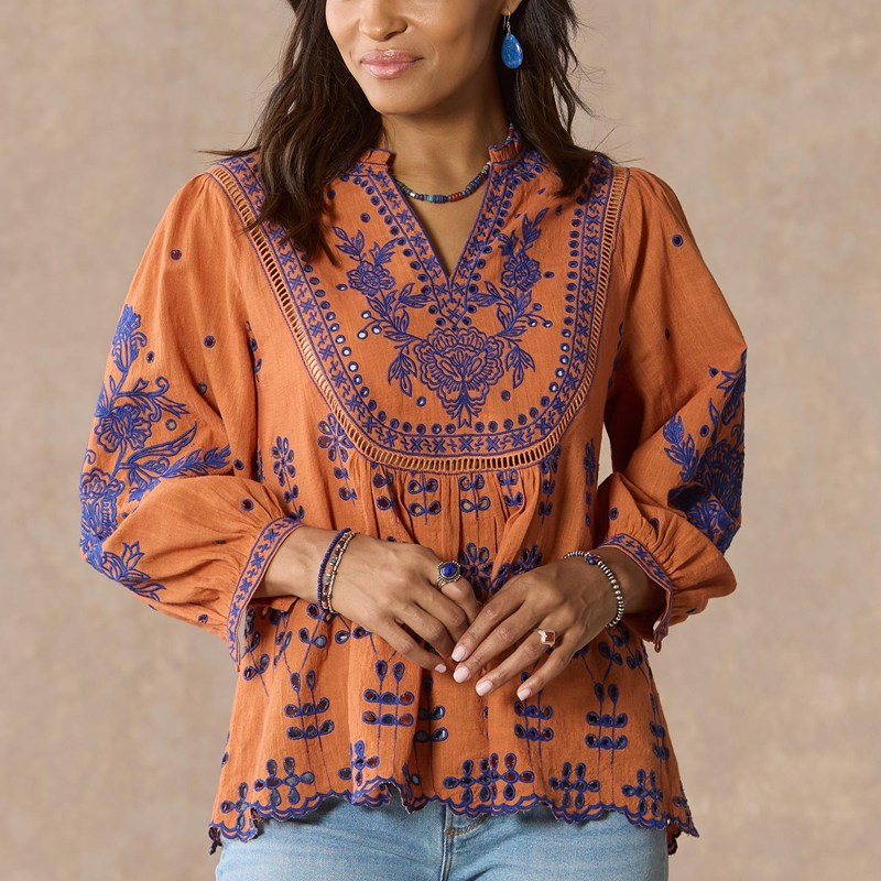 Women's Vintage Loose Bubble Sleeves Floral Embroidered Orange Top Shirt