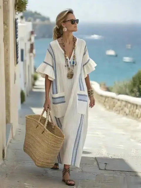 Women's Casual Loose Striped V-Neck Lotus Sleeve Cotton and Linen Dress