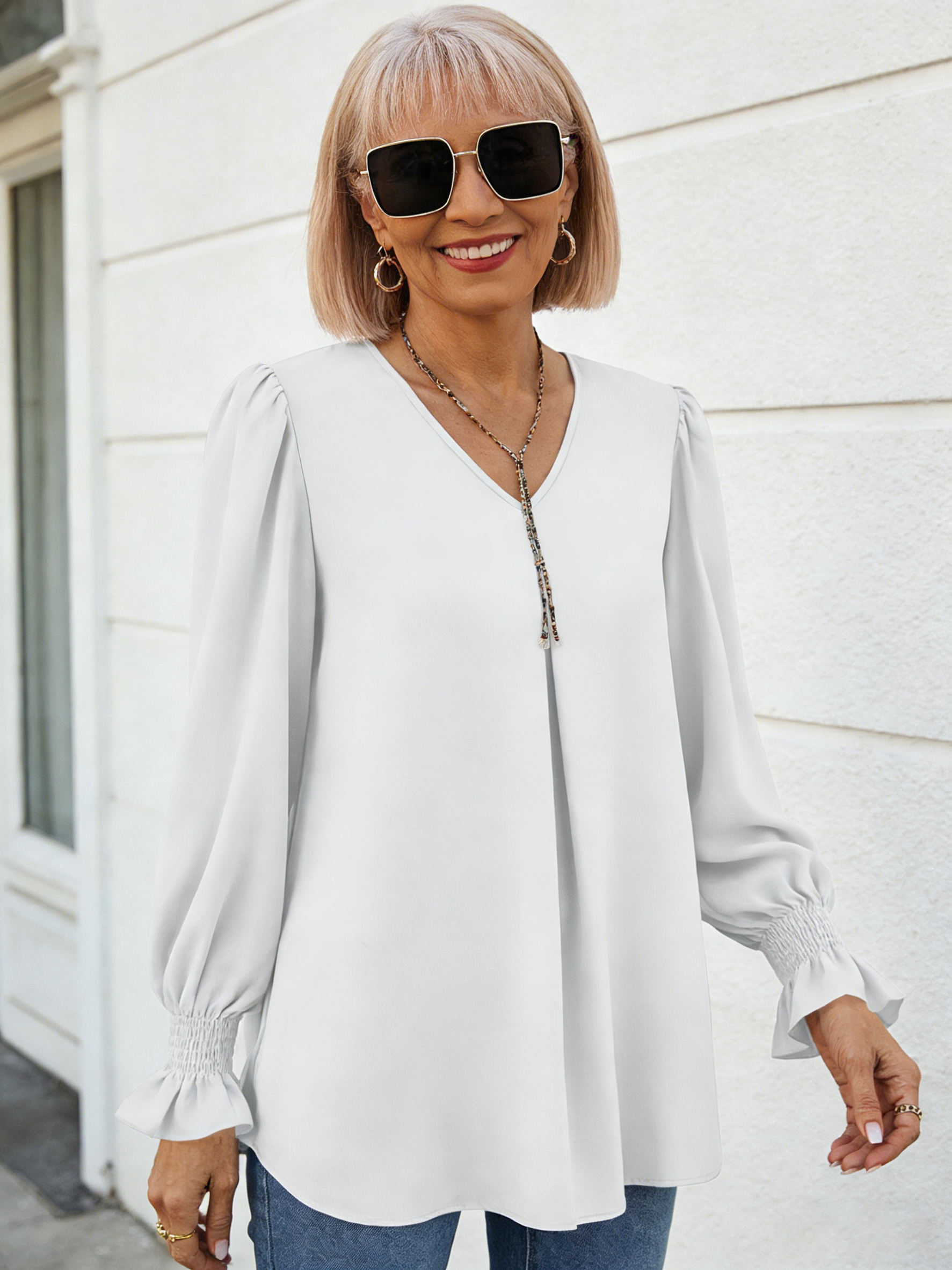 Solid Color Chiffon Shirt V-neck Pullover Horn Long-sleeved Top Shirt