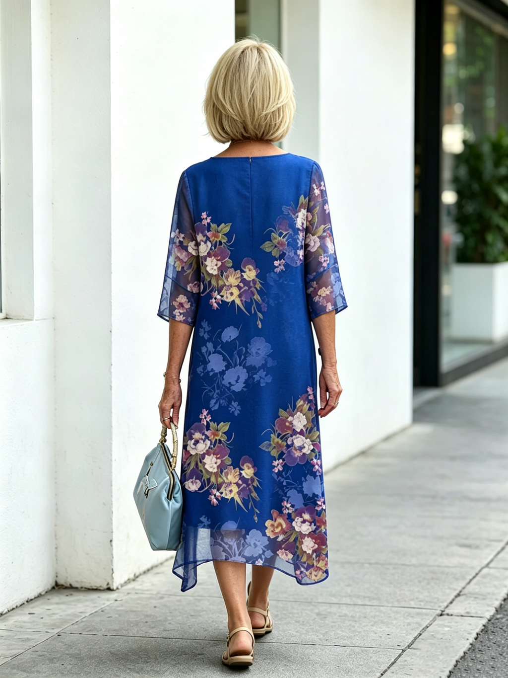 Blue Floral Print Mesh Layered Midi Dress, Round Neck 3/4 Sleeve Loose Tummy Concealing Mother Dress for Mature Women