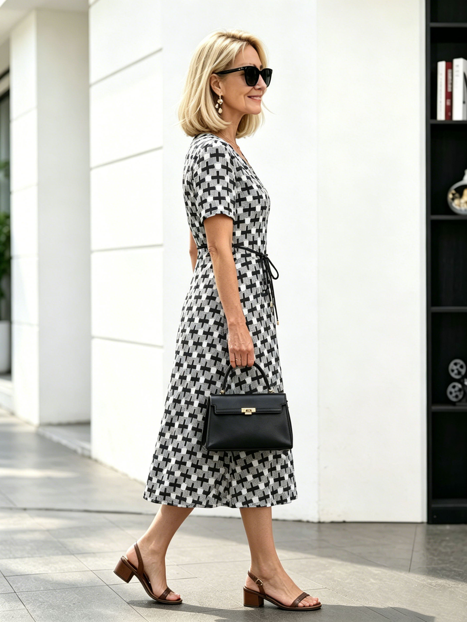 Orange Floral V-Neck Midi Dress, Short Sleeve Elastic Waist Slimming Temperament Long Dress for Mature Women