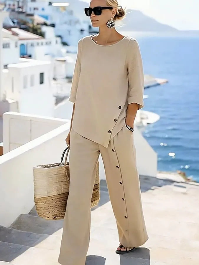 Women'S Casual Solid Color Cotton And Linen Two-Piece Set