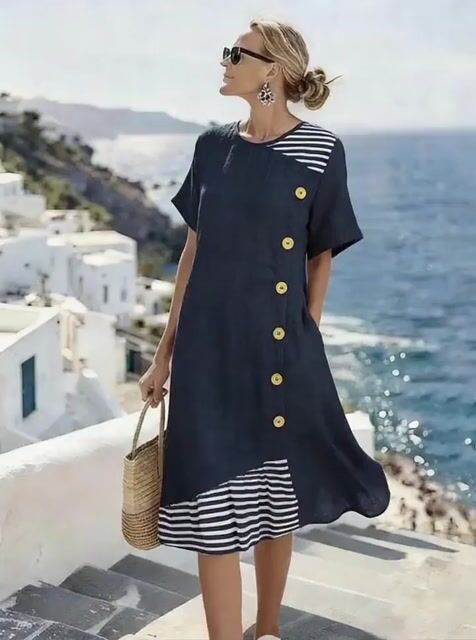 Women'S Casual Color-Block Striped Dress
