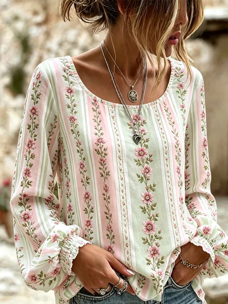 Women's Retro Floral Patchwork Art Embroidery Striped Cotton Linen Long Sleeve Top