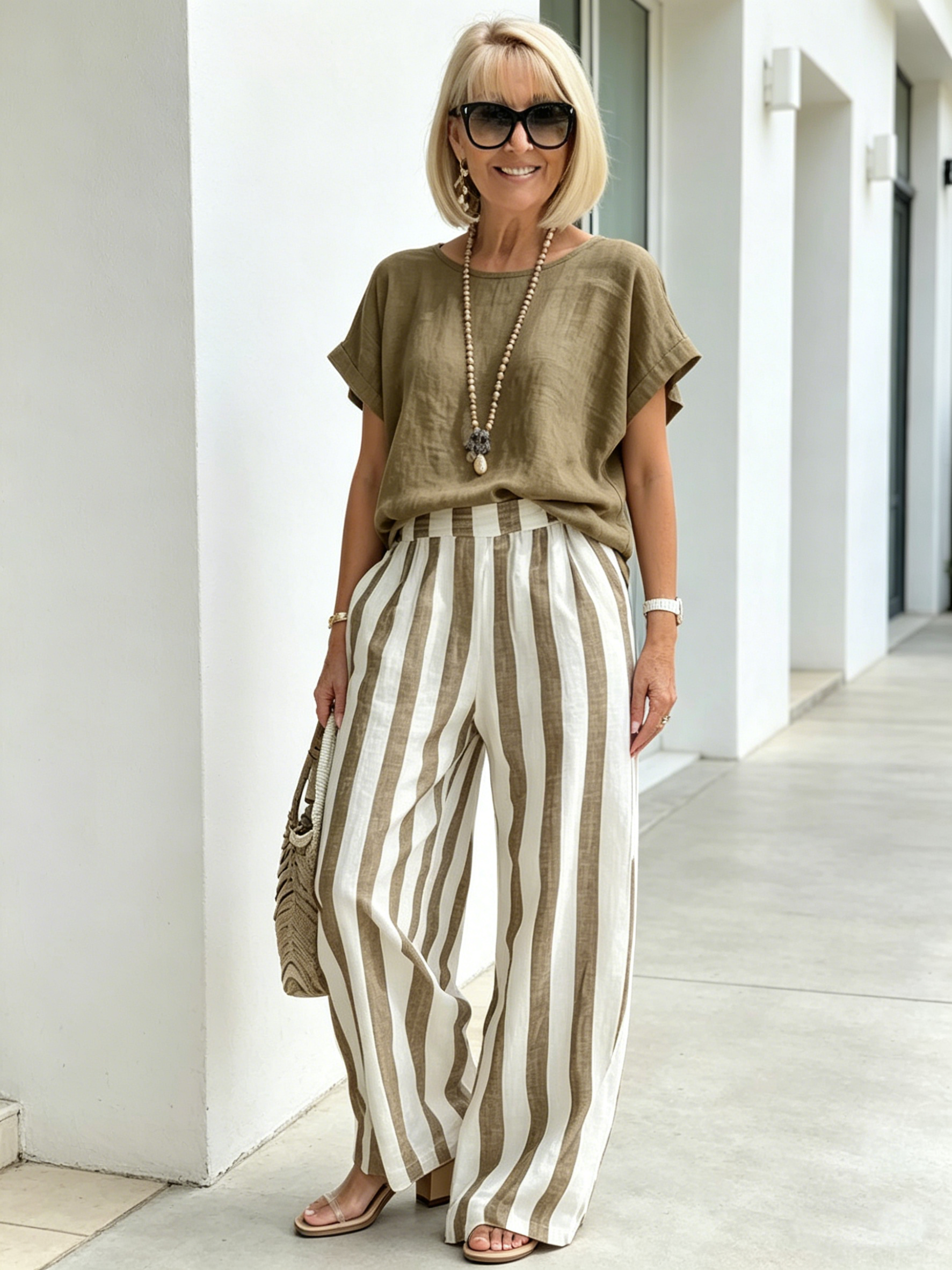 2Pcs Striped Cotton and Linen Two-piece Set