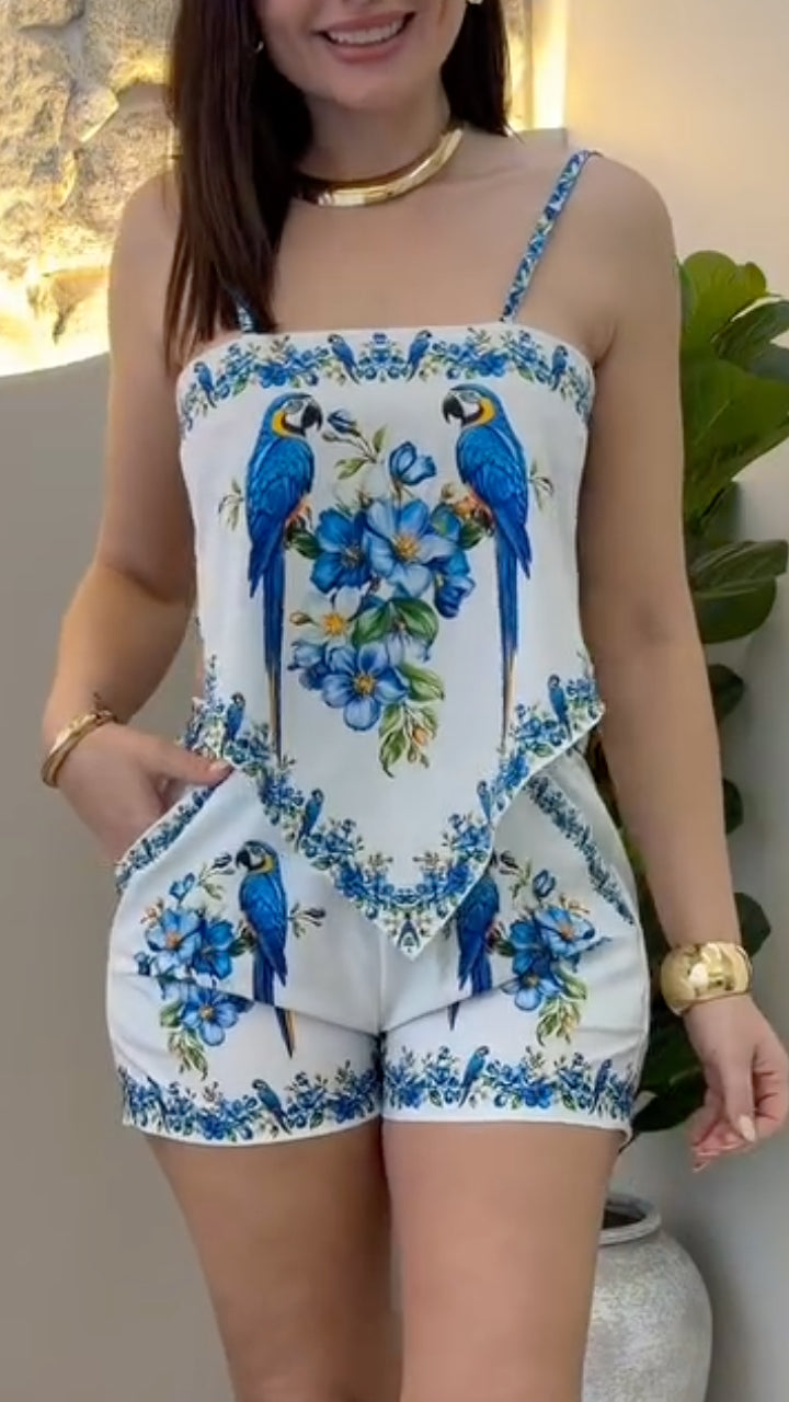 Parrot Floral Print Cami Top & Shorts Two‐Piece Set