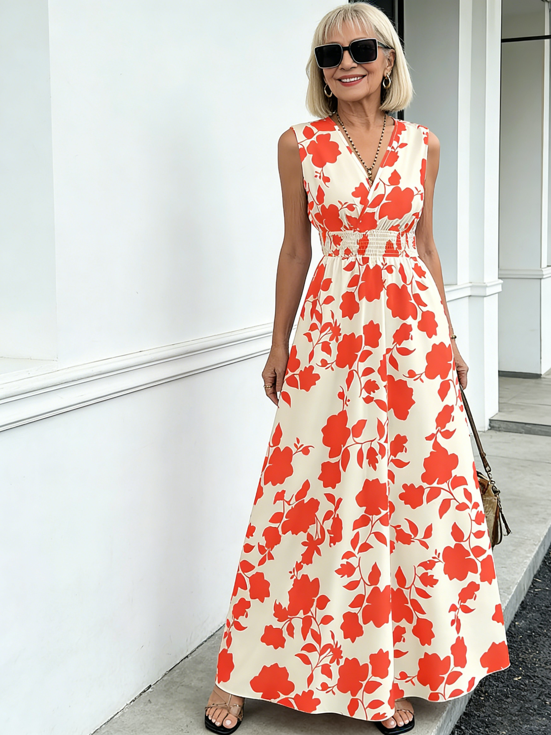 Short Sleeve Lace-Up Dress Printed V-Neck Long Dress Summer Waist Women's Clothing