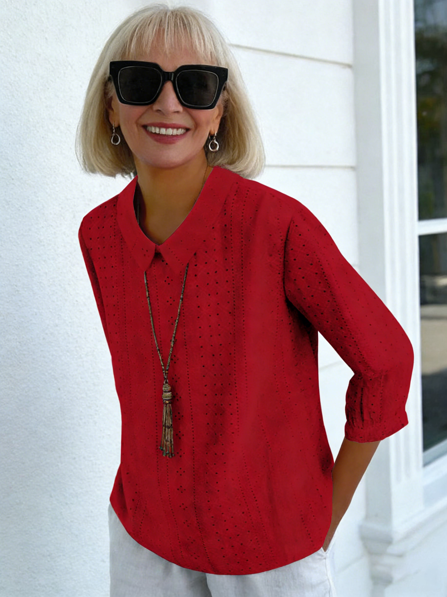 Lapel Solid Color Loose Seven-quarter Sleeve Top Women