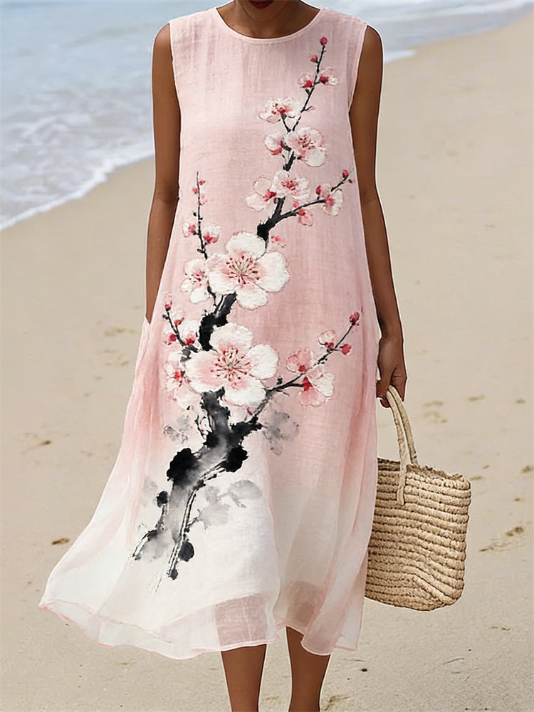 Cherry Blossom Brush Art Gradient Flowy Linen Tank Dress