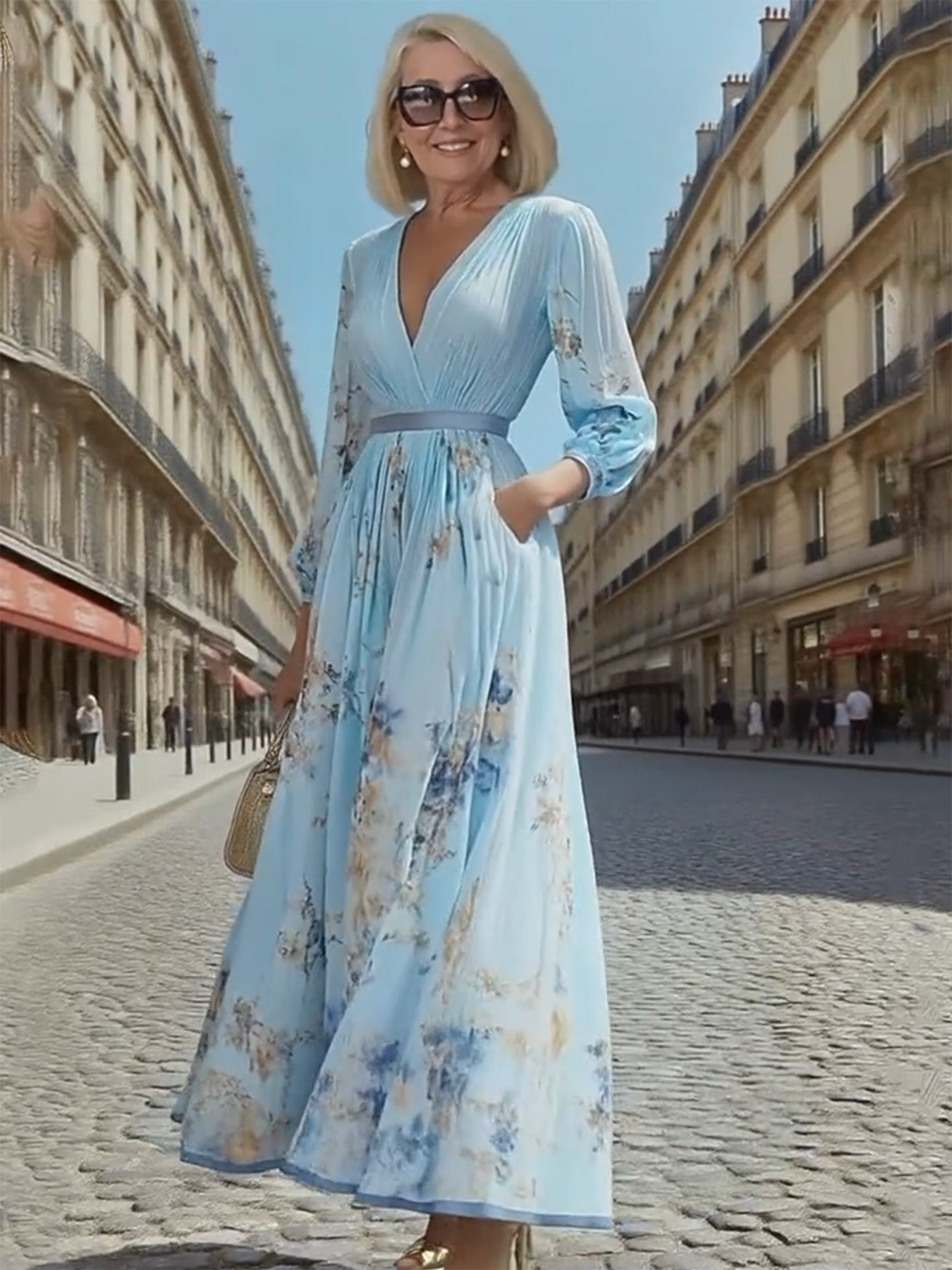 Gala Dress Digital Print V-neck Long Sleeves Pleats, Dress Long Dress