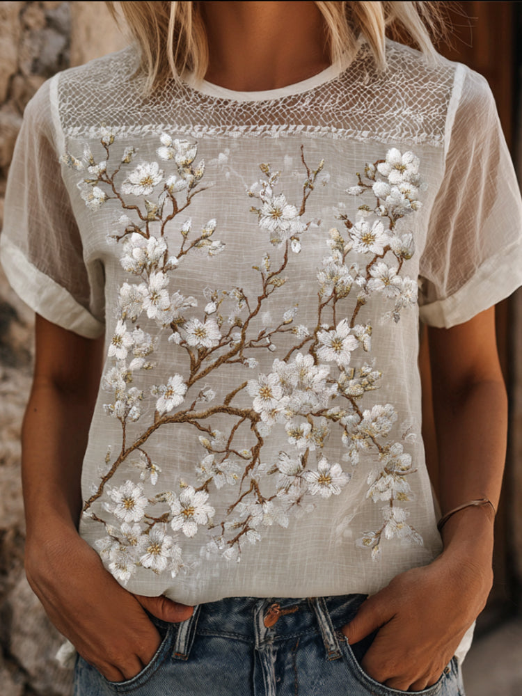 Women's Cherry Blossom Art Blended Cotton Linen Lace Spliced Casual Round Neck Short Sleeve Top