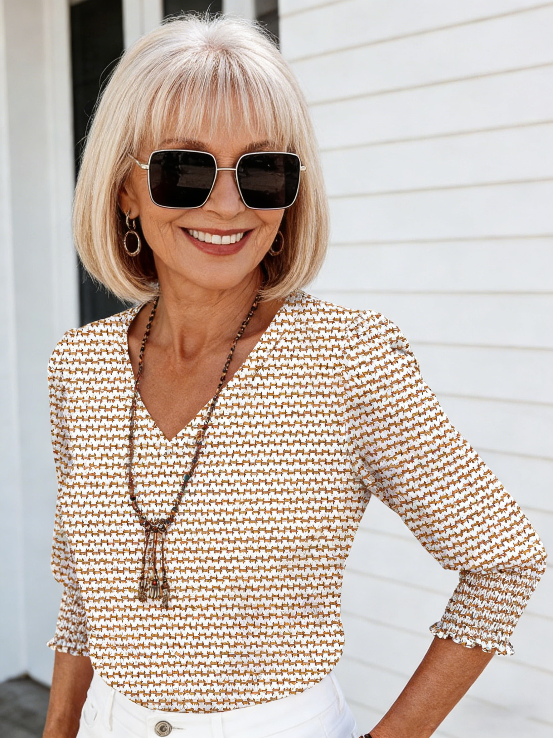 Seven-quarter-sleeved V-neck Printed Loose Casual T-shirt Top