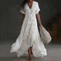 Vintage Japanese Plum Blossom Art Embroidered Casual Linen Maxi Dress