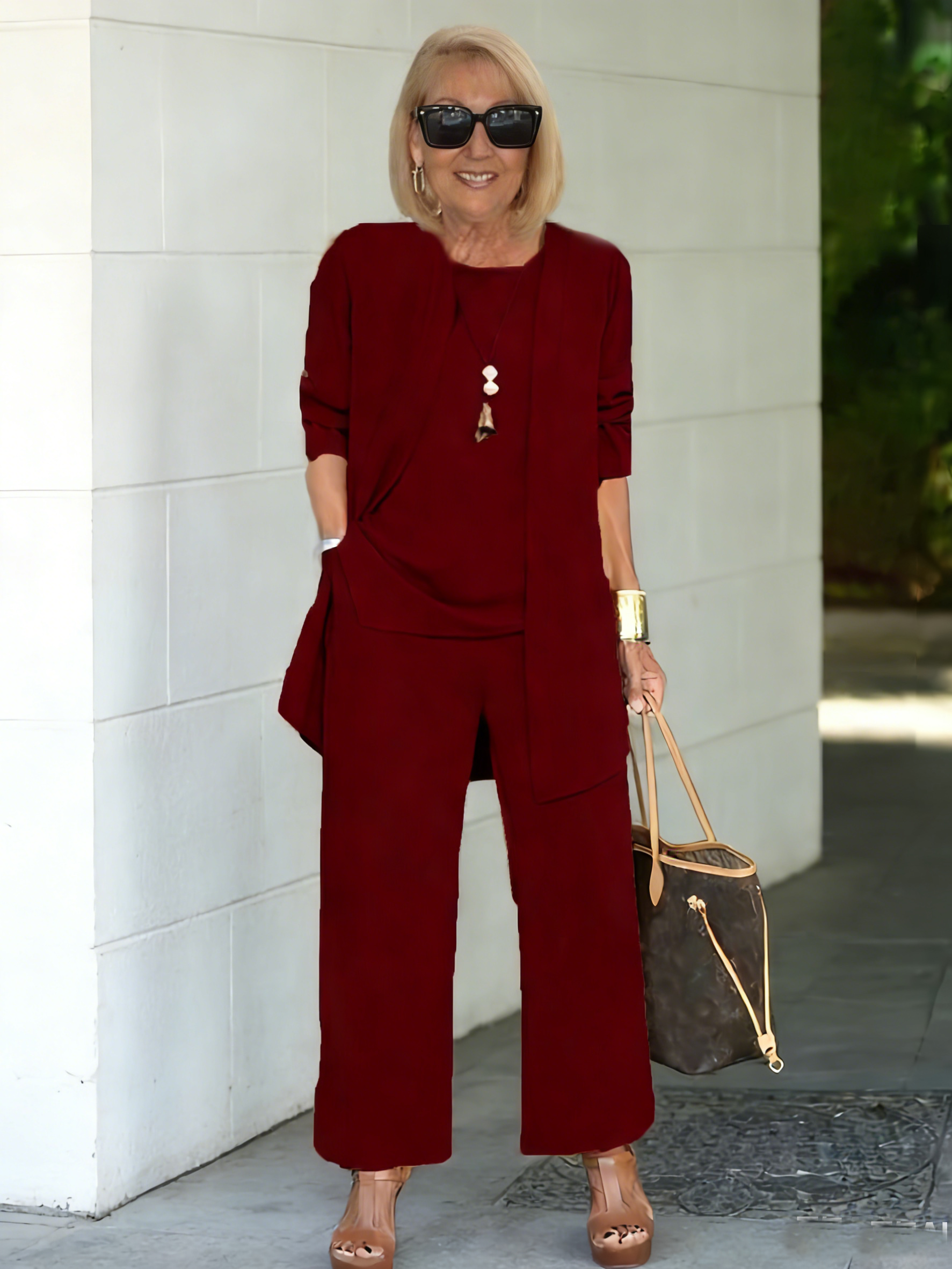 Casual Three-piece Solid Set, Long Sleeve Cardigan & Top & Long Pants Outfits, Women's Clothing
