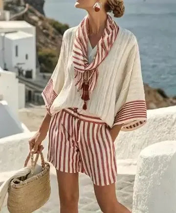 Women'S Loose Striped Scarf Holiday Shorts Set