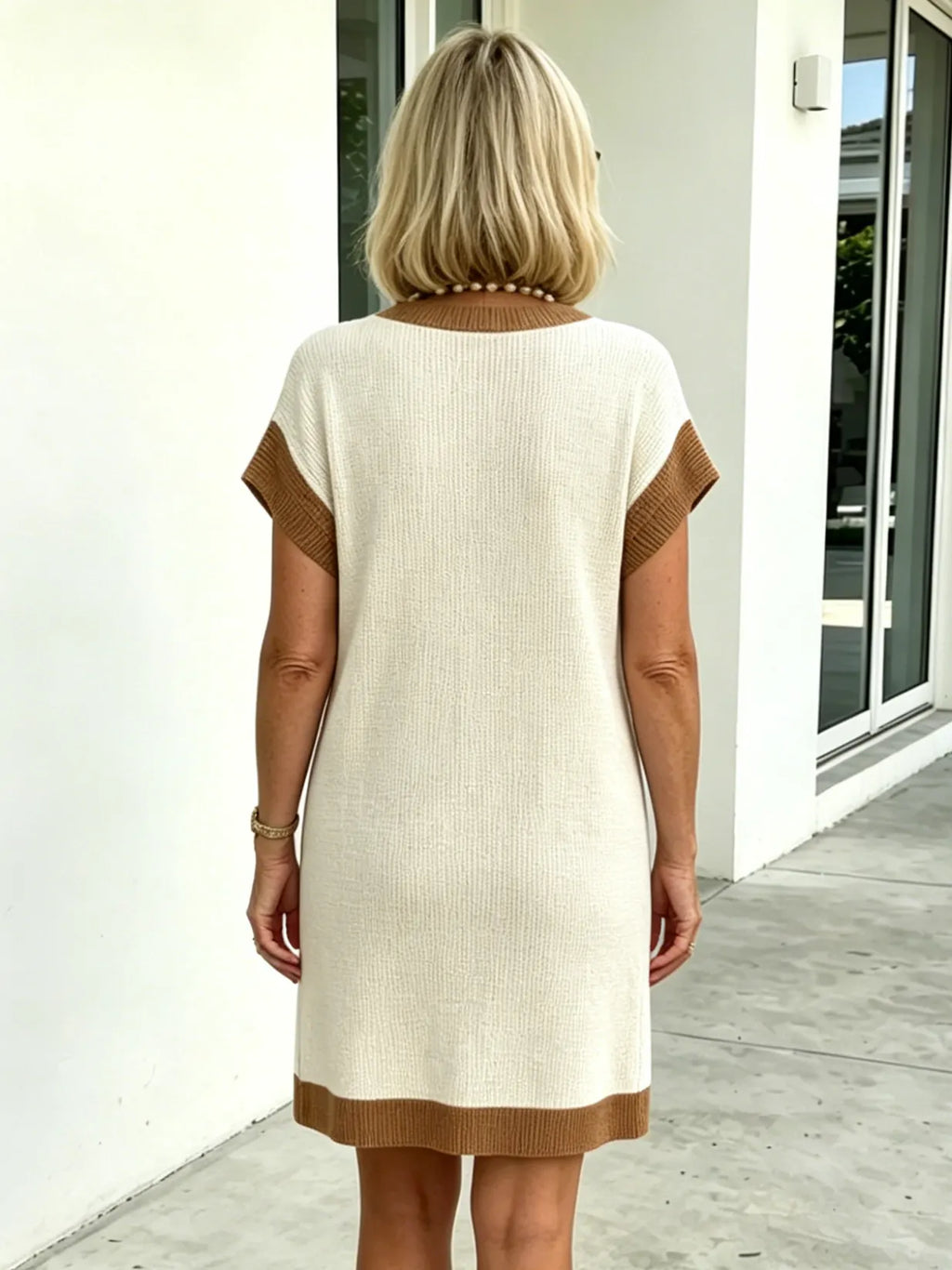Textured Fabric Casual Contrast Twist Strip Short Sleeve Pocket Dress