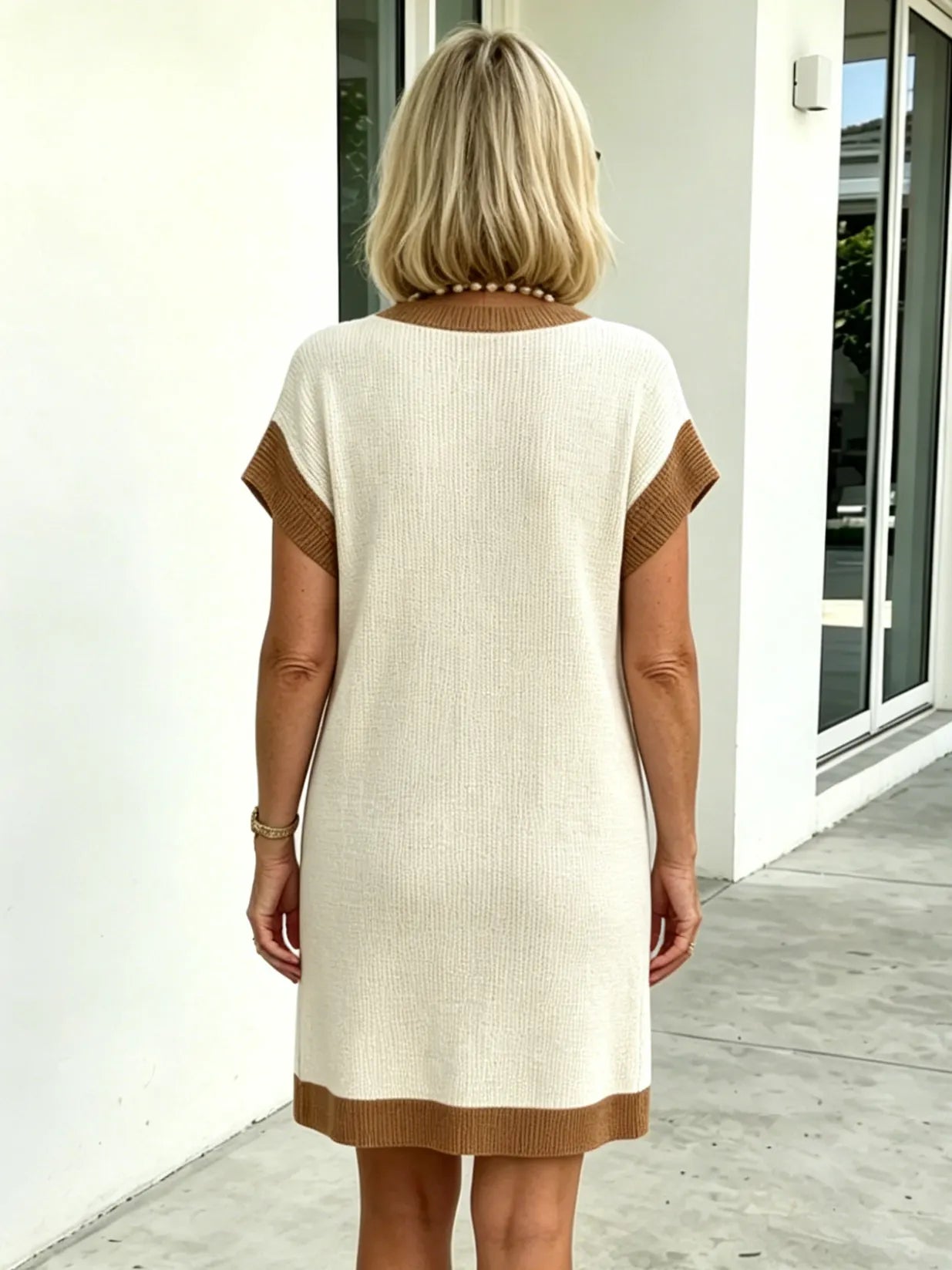 Textured Fabric Casual Contrast Twist Strip Short Sleeve Pocket Dress