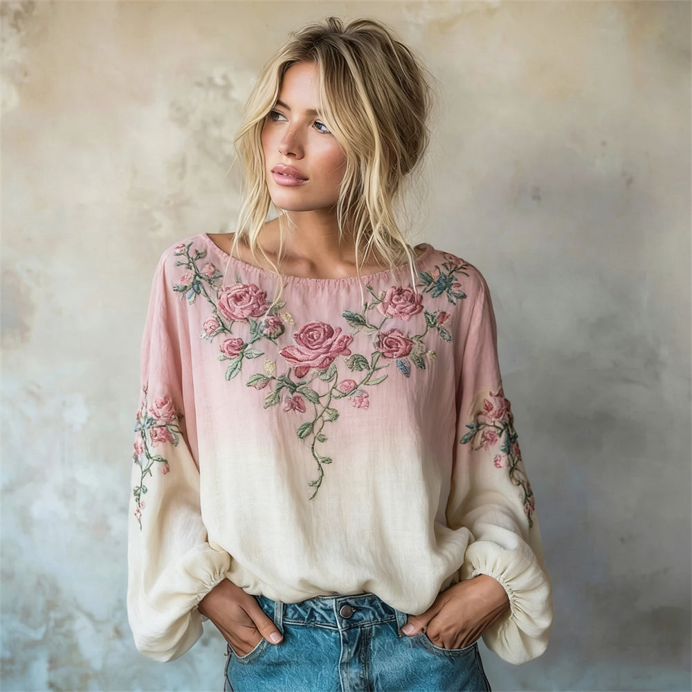 Boho Floral Embroidery Art Women's Linen Long Sleeve Shirt