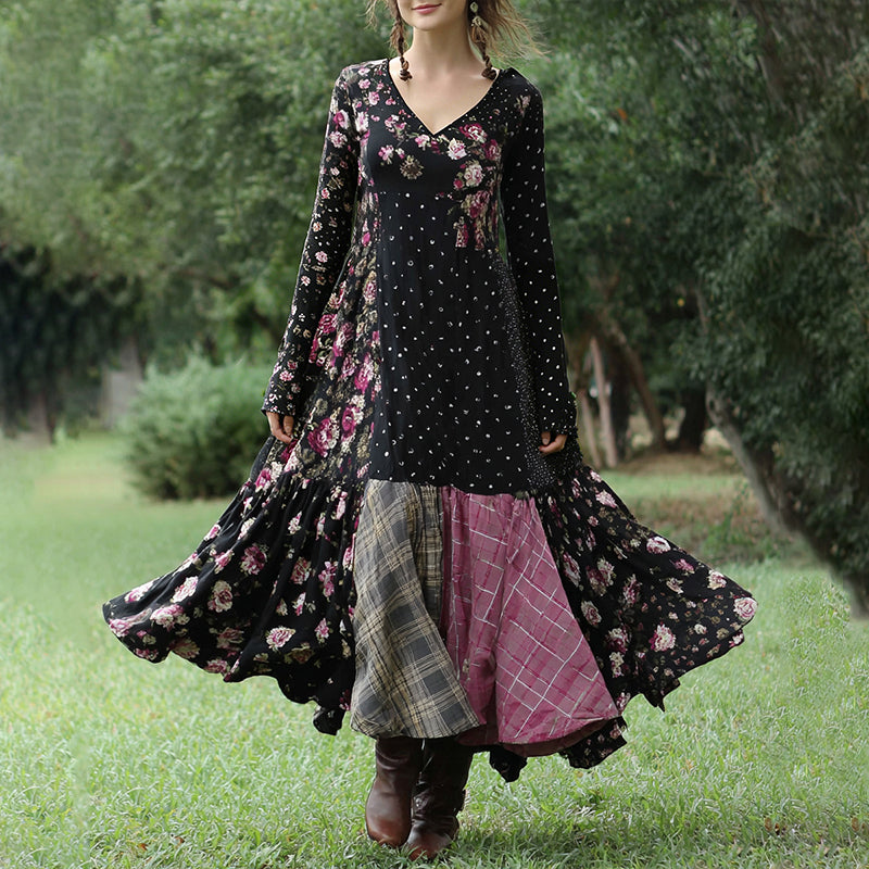 Women's Vintage Pink Rose And Plaid Patchwork Long-sleeved Dress