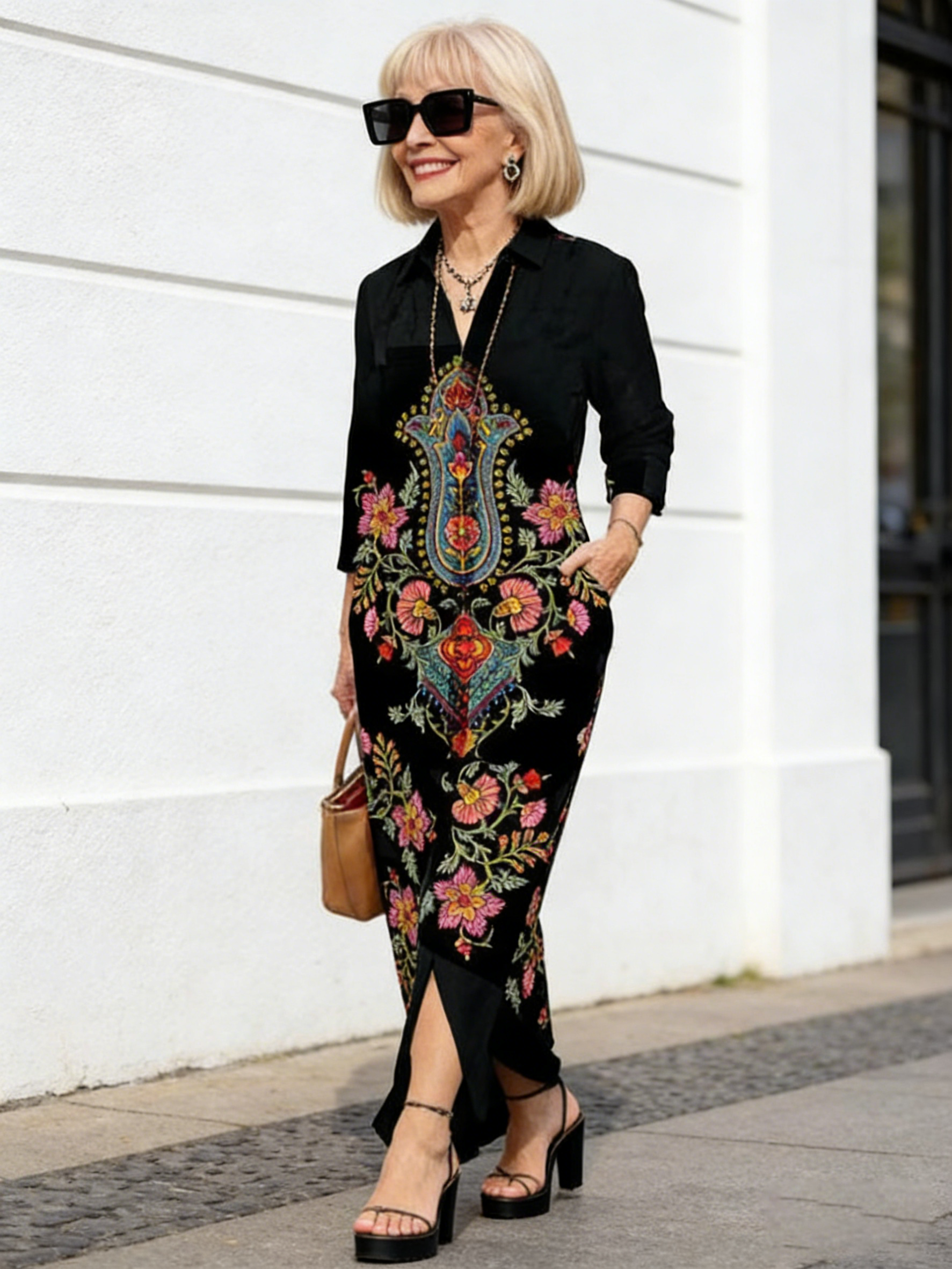 Casual Positioning Print Pocket Lapel Collar Button Long Dress